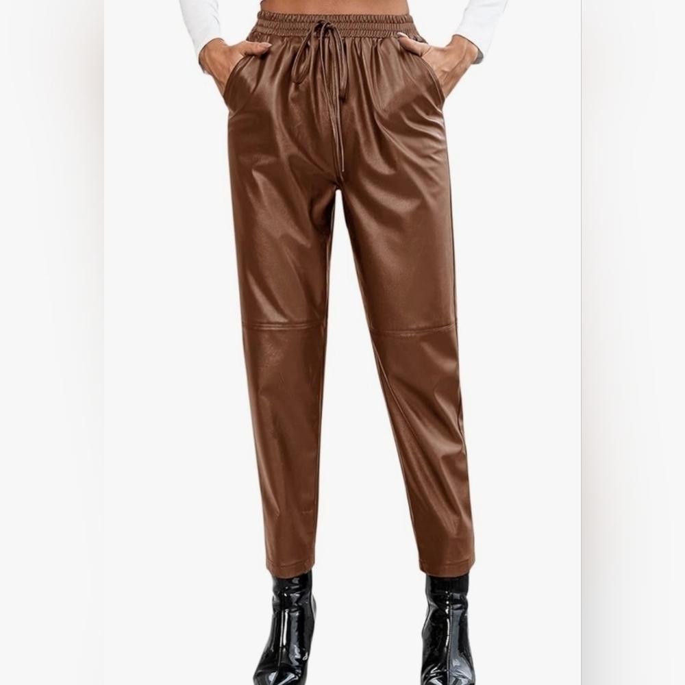 Brown Faux Leather Jogger Pants Womens Small High Rise Ankle Trousers